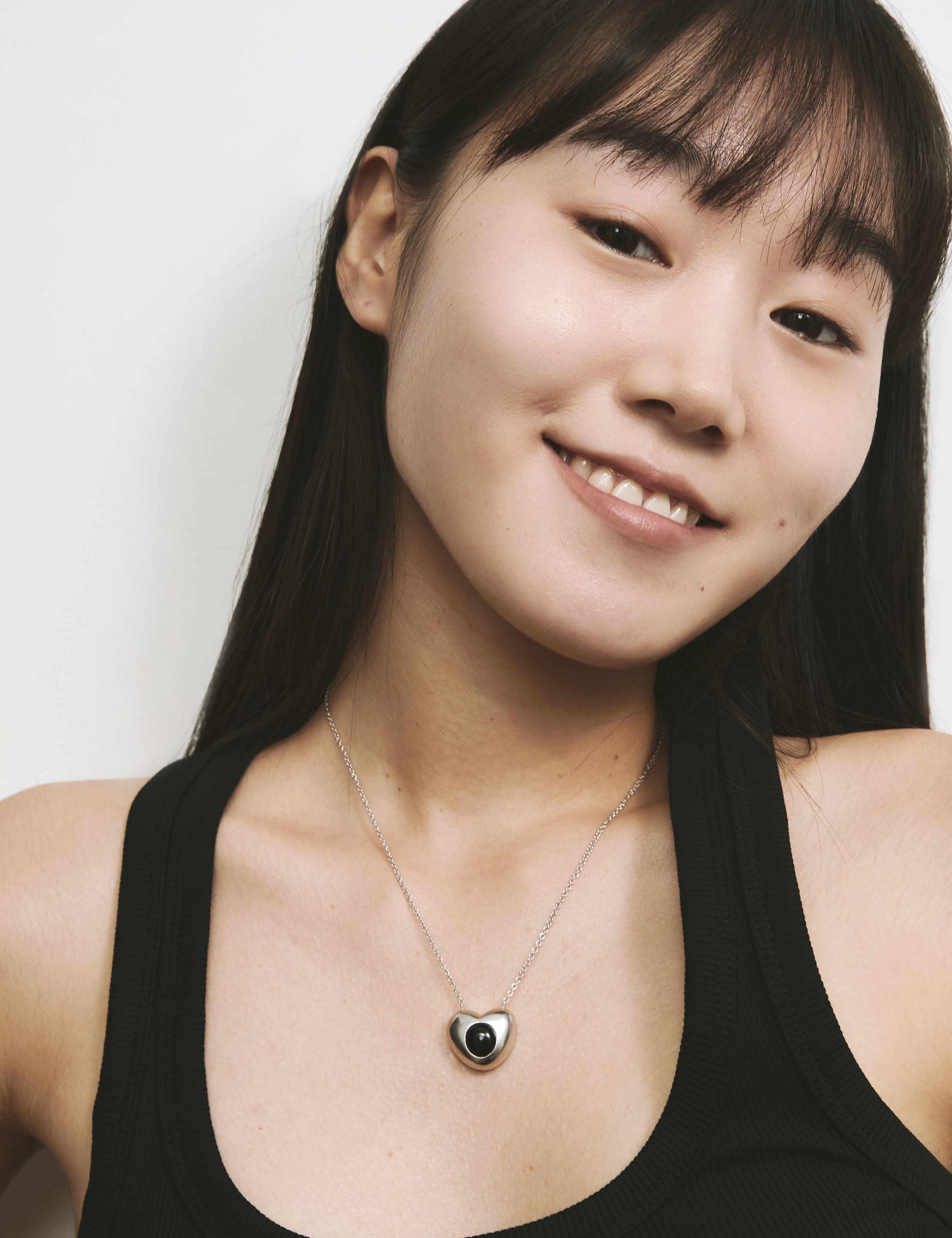 [925 silver] hole heart necklace (41cm) - onyx